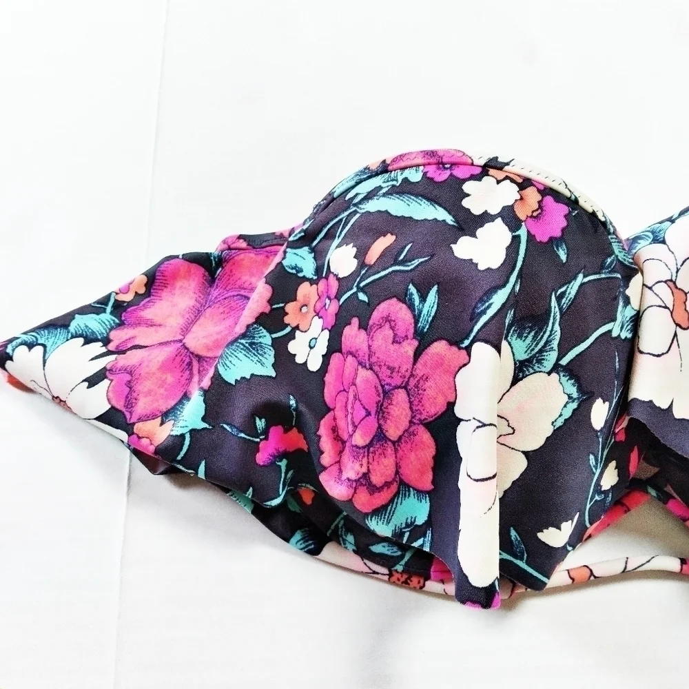 Shade & Shore Tropical Floral Ruffled Strapless Bikini Top 34C